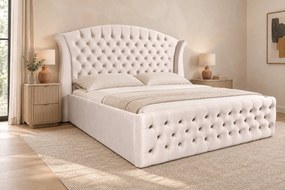 Pat tapițat Chesterfield din catifea Sorella Simple 140×200 cm, crem, cu ladă de depozitare