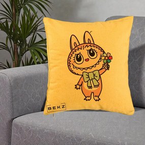 Perna Personalizata Labubu Roz cu Morisca, 40x40 cm, Galben, Husa Detasabila, Perna Inclusa, BEKZ®