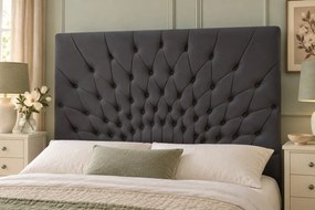 Pat tapițat Chesterfield din catifea Venezia 160×200 cm, gri închis, cu ladă de depozitare