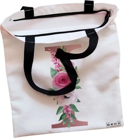 Sacosa de Panza pentru Cumparaturi, Geanta Tote, Cu litera I Rose Gold si Trandafiri, Cu fermoar, 38x34.5 cm, Alba, BEKZ®