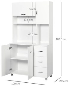 Homcom Bufet Înalt pentru Bucătărie, Dulap cu Sertare și Dulapioare, Rafturi Deschise pentru Microunde, 100x39.5x183.5cm, Alb | Aosom Romania