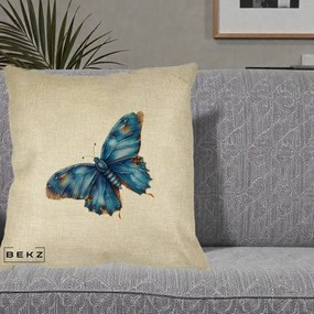 Perna Decorativa Fluture Albastru Satin cu Pete Aurii, 40x40 cm, Crem, Husa Detasabila, Perna Inclusa, BEKZ®