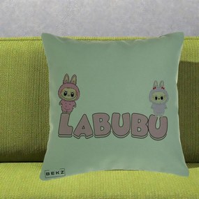 Perna Personalizata Labubu Duo Roz-Lila cu Text, 40x40 cm, Verde, Husa Detasabila, Perna Inclusa, BEKZ®
