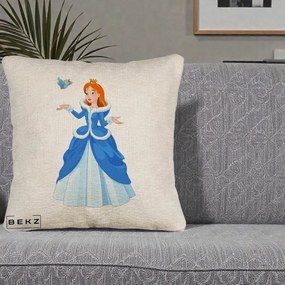 Perna Personalizata Printesa Albastra cu Pasare, 40x40 cm, Bej Canapea, Husa Detasabila, Perna Inclusa, BEKZ®