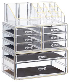 Organizator produse cosmetica 8 sertare suport pentru pensule creioane si rujuri Transparent /Auriu Acril