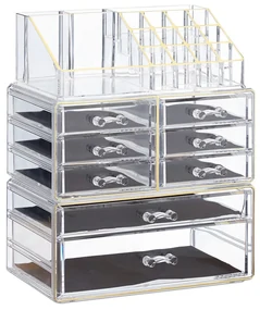 Organizator produse cosmetica 8 sertare suport pentru pensule creioane si rujuri Transparent /Auriu Acril