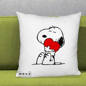 Perna Personalizata Snoopy cu Inima, 40x40 cm, Alb Pufos, Husa Detasabila, Perna Inclusa, BEKZ®