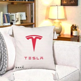 Perna Personalizata cu emblema Tesla, 40x40 cm, Bej cu Franjuri, Husa Detasabila, Perna Inclusa, BEKZ®
