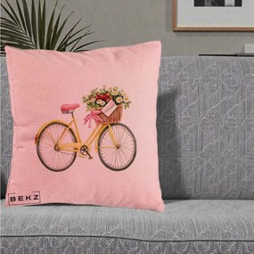 Perna Decorativa Bicicleta Galbena cu Cos de Flori Primavara, 40x40 cm, Roz, Husa Detasabila, Perna Inclusa, BEKZ®
