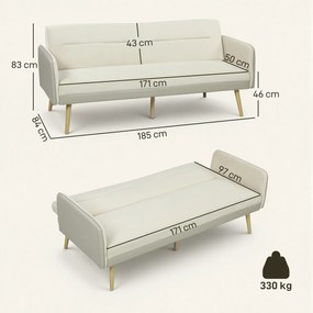 HOMCOM Canapea Extensibilă 3 Locuri Convertibilă cu Cotiere din PU, Colțar Reclinabil Clic Clac în Catifea cu Picioare Metalice și Cadru din Lemn, pentru Living sau Dormitor, 185x84x83 cm, Bej | Aosom Romania