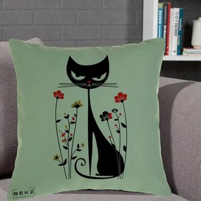 Perna Decorativa Pisica Neagra Grafica Flori Rosii, 40x40 cm, Verde, Husa Detasabila, Perna Inclusa, BEKZ®