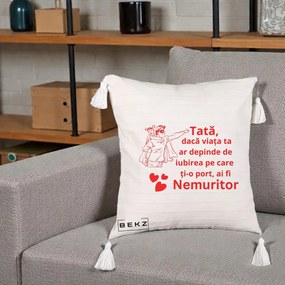 Cadou pentru Tata - Perna Personalizata Tata Nemuritor cu Fetita, 40x40 cm, Bej cu Franjuri, Husa Detasabila, Perna Inclusa, BEKZ®