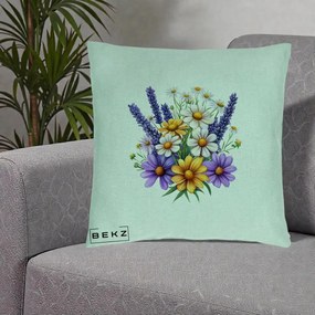 Perna Decorativa Lavanda Musetel si Flori Mov, 40x40 cm, Verde Menta, Husa Detasabila, Perna Inclusa, BEKZ®