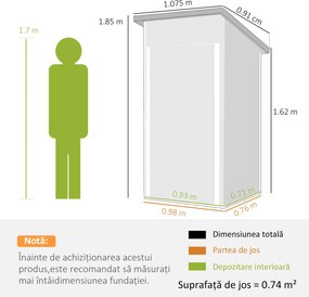 Outsunny Magazie de Grădină 0,74m² din Oțel Galvanizat cu Guri de Aerisire, Magazie cu Ușă Blocabilă, Acoperiș Înclinat, Mănuși, Depozitare Unelte, 107,5x91x185 cm, Gri Închis | Aosom Romania