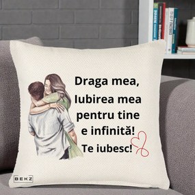 Cadou pentru Iubita - Perna Personalizata Draga Mea Iubirea Mea Infinita Te Iubesc cu Cuplu Acuarela, 40x40 cm, Crem Reliefat, Husa Detasabila, Perna Inclusa, BEKZ®