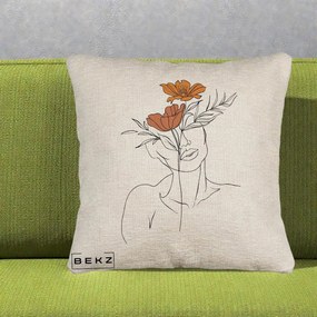 Perna Decorativa Portret Feminin Doua Flori, 40x40 cm, Bej Canapea, Husa Detasabila, Perna Inclusa, BEKZ®