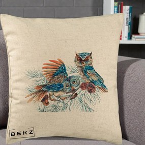Perna Decorativa Bufnite de Iarna Albastre, 40x40 cm, Bej, Husa Detasabila, Perna Inclusa, BEKZ®