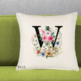Cadou Personalizat - Perna Personalizata Monograma Florala Litera W, 40x40 cm, Crem Reliefat, Husa Detasabila, Perna Inclusa, BEKZ®