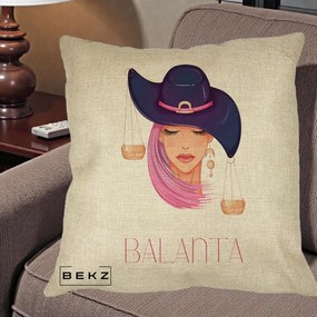 Perna Personalizata Zodiac Balanta Cowgirl, 40x40 cm, Crem, Husa Detasabila, Perna Inclusa, BEKZ®
