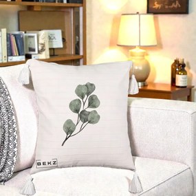 Perna Decorativa Ramura Eucalipt Acuarela, 40x40 cm, Bej cu Franjuri, Husa Detasabila, Perna Inclusa, BEKZ®