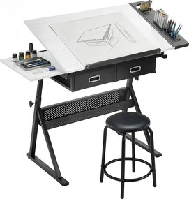 HOMCOM Masă de desen cu taburet și 2 sertare, înălțime reglabilă, blat înclinabil 0° à 60°, 120 x 60 x 68-92 cm, alb | Aosom Romania