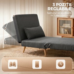 HOMCOM Fotoliu Extensibil 3 în 1 cu Spătar Reglabil pe 3 Niveluri și Pernă, Material Textil cu Aspect de In, Gri | Aosom Romania