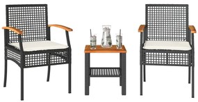 vidaXL Set bistro cu perne, 3 piese, negru, poliratan și lemn acacia