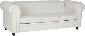 Canapea Chesterfield 3 locuri din stofă crem, cu capitonaj cu nasturi și picioare strunjite negre, 76 x 209 x 84 cm, „Mayfield”