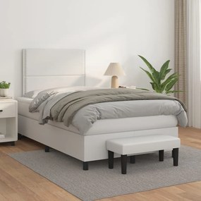 vidaXL Pat box spring cu saltea, alb, 120x200 cm, piele ecologică
