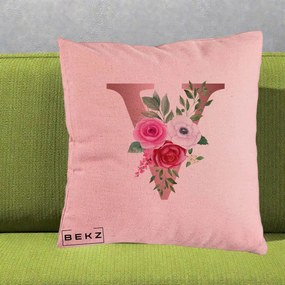 Cadou Personalizat - Perna Personalizata Monograma Rose Gold Litera V, 40x40 cm, Roz, Husa Detasabila, Perna Inclusa, BEKZ®