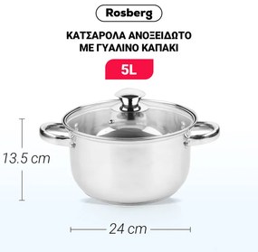 Oala Rosberg R51210O24, 5L, 24 cm, Capac din sticla, Inox