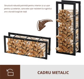 Raft pentru Lemne pentru interior/exterior, din fier, Negru, 40x25x100cm HOMCOM | Aosom Romania