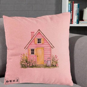 Perna Decorativa Casuta Roz Acuarela cu Gradina, 40x40 cm, Roz, Husa Detasabila, Perna Inclusa, BEKZ®