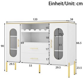 Comodă cu fronturi din sticlă, suport pentru vinuri și mult spațiu de depozitare, 120x38x90 cm, Alb