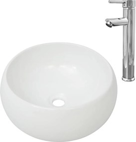 vidaXL Chiuvetă de baie cu robinet mixer, ceramică, rotund, alb