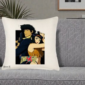 Perna Personalizata Cowboy Bebop Spike si Faye Poster, 40x40 cm, Crem Reliefat, Husa Detasabila, Perna Inclusa, BEKZ®
