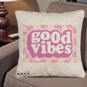 Perna Decorativa Good Vibes Retro Roz, 40x40 cm, Bej Canapea, Husa Detasabila, Perna Inclusa, BEKZ®