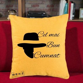 Cadou pentru Cumnat - Perna Personalizata Cel mai Bun Cumnat cu Silueta Palarie, 40x40 cm, Galben, Husa Detasabila, Perna Inclusa, BEKZ®