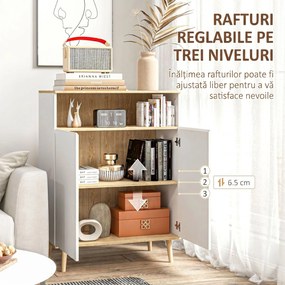 HOMCOM Bufet de bucătărie scandinav cu 2 uși, raft reglabil și picioare din lemn de pin, 80x38x102 cm, alb și stejar | Aosom Romania