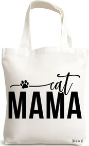 Sacosa de Panza pentru Cumparaturi, Geanta Tote, model Cat Mama, 38 x 34.5 cm, Alba, BEKZ®