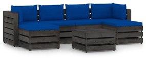 Set mobilier de gradina cu perne, 7 piese, gri, lemn tratat albastru si gri, 7