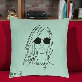 Perna Decorativa Beauty Girl Line Art, 40x40 cm, Verde Menta, Husa Detasabila, Perna Inclusa, BEKZ®