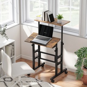 HOMCOM Birou reglabil pe înălțime pentru bucătărie cu raft, roți, birou pentru calculator Maro rustic 60 x 60 x 70,5-120 cm | Aosom Romania