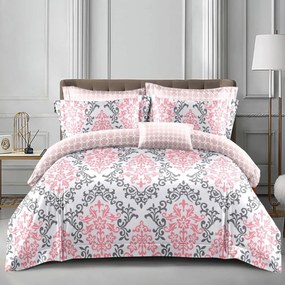 Lenjerie de pat cu 2 fete, policoton, 4 piese, pat 2 persoane, alb / roz, A50-631