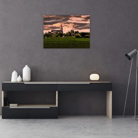 Tablou pe sticlă cu peisaj și biserică (70x50 cm)