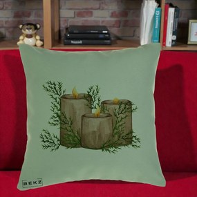 Perna Decorativa Lumanari Rustice cu Crengute Brad, 40x40 cm, Verde, Husa Detasabila, Perna Inclusa, BEKZ®