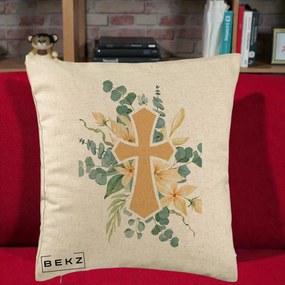 Perna Personalizata Cruce Florala Botez, 40x40 cm, Bej, Husa Detasabila, Perna Inclusa, BEKZ®