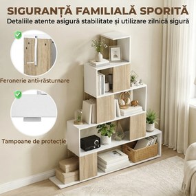HOMCOM Bibliotecă cu 5 Rafturi Tip Trepte, Alb și Lemn Natural | Aosom Romania