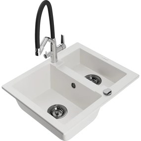 Mexen Carlos chiuvetă de bucătărie din granit cu 1,5 compartimente și baterie Duo, alb - 6518-20-671701-07-B