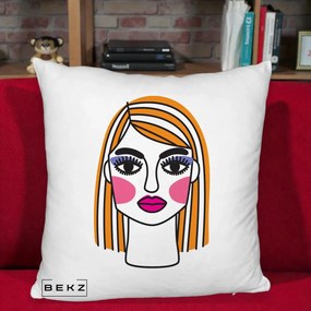 Perna Decorativa Portret Pop Art Fata, 40x40 cm, Alb Pufos, Husa Detasabila, Perna Inclusa, BEKZ®